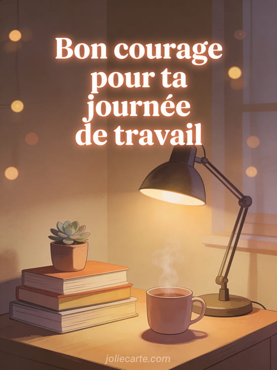 Coin de travail cosy avec lampe de bureau allumée, livres empilés, plante succulente et tasse fumante dans une lumière tamisée avec le texte Bon courage
