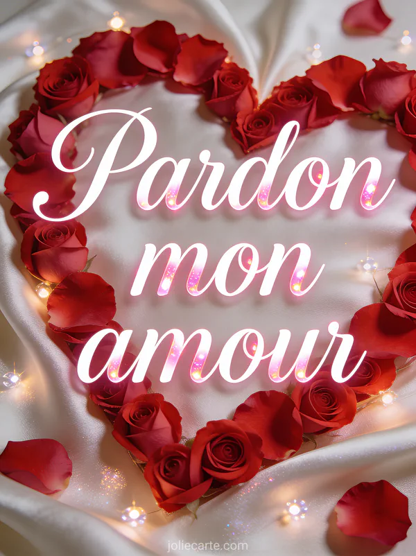 Grand coeur en pétales de roses rouges sur fond de soie avec le texte Pardon mon amour en lettres manuscrites blanches
