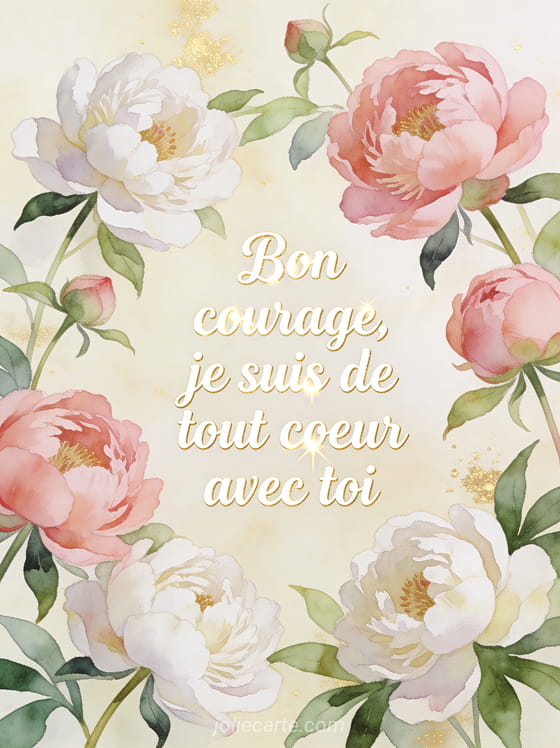 Composition de pivoines roses et blanches en aquarelle délicate avec feuillage vert tendre et fond crème doré avec le texte Bon courage de tout coeur