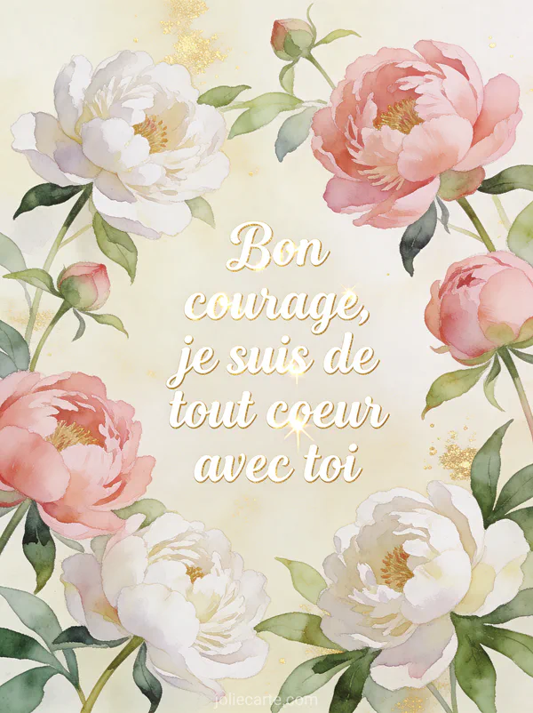 Composition de pivoines roses et blanches en aquarelle délicate avec feuillage vert tendre et fond crème doré avec le texte Bon courage de tout coeur