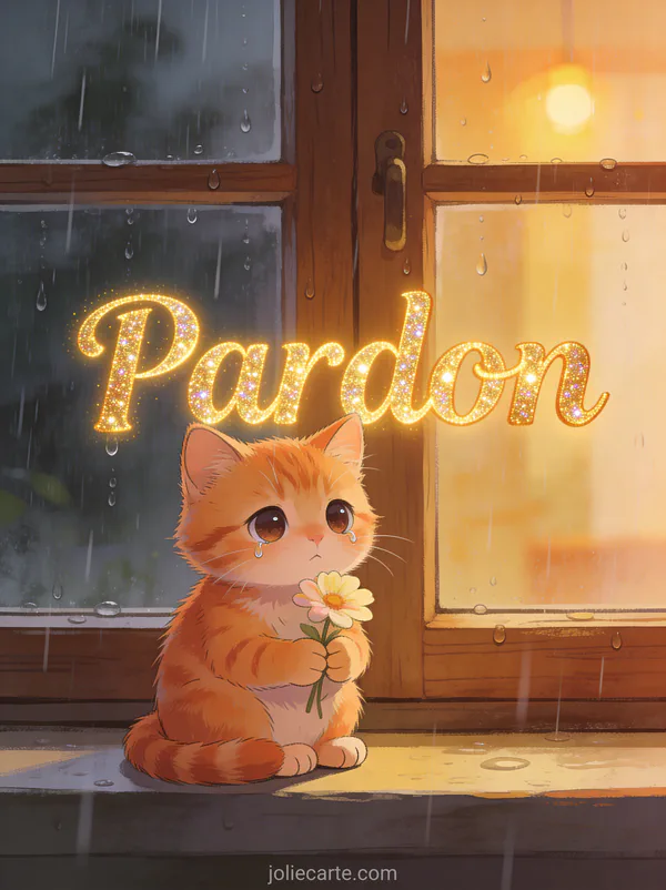 Petit chaton roux aux grands yeux tristes tenant une fleur sur un rebord de fenêtre avec le texte Pardon, style illustration mignonne
