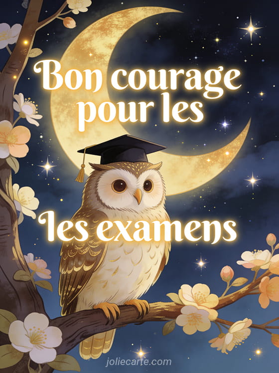 Hibou sage perché sur une branche fleurie portant un chapeau de diplômé avec ciel étoilé et grande lune dorée avec le texte Bon courage pour les examens