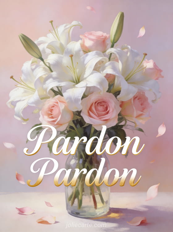 Bouquet de lys blancs et de roses roses pâles dans un vase en verre avec des pétales qui tombent et le texte Pardon