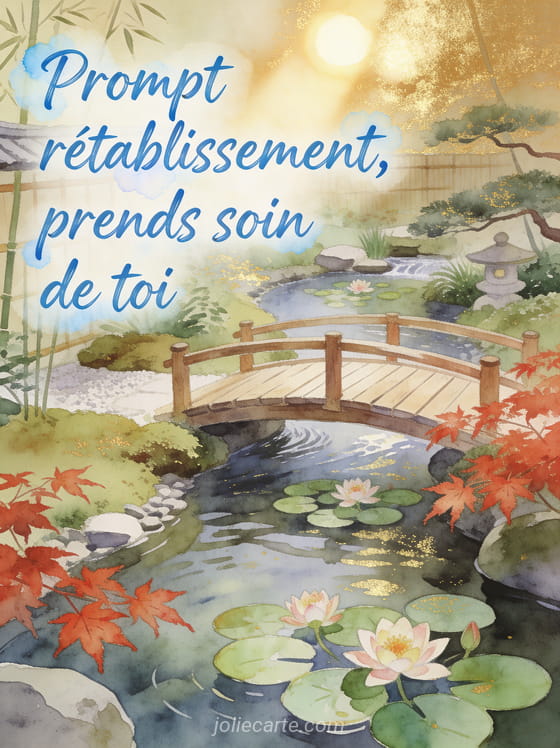 Jardin japonais zen avec petit pont en bois au-dessus d'un ruisseau, nénuphars en fleur et érables rouges en illustration zen avec le texte Prompt rétablissement