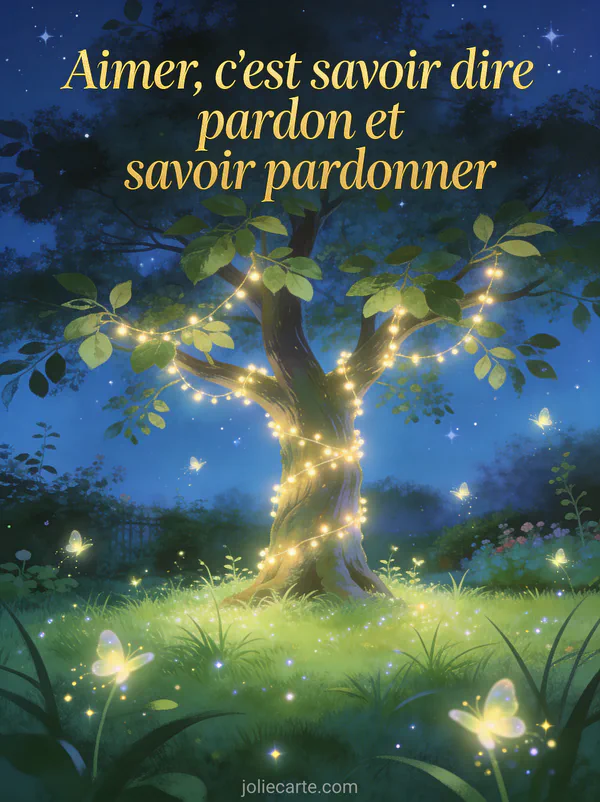 Arbre majestueux illuminé de guirlandes lumineuses dans un jardin la nuit avec des lucioles et un texte sur le pardon, style féérique