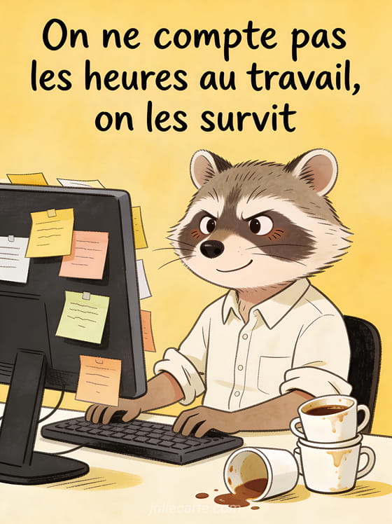 Raton laveur en chemise assis devant un ordinateur couvert de post-it avec cernes sous les yeux et tasses de café vides empilées