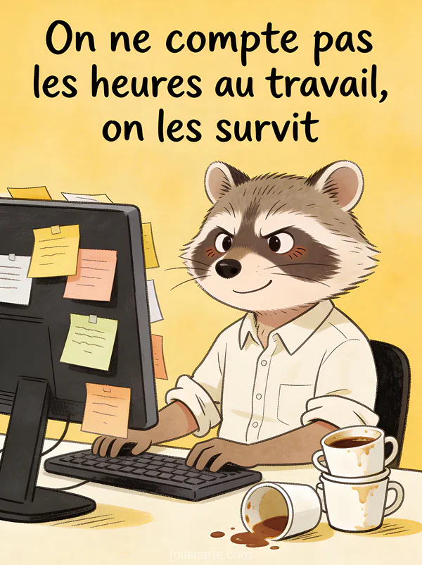 Raton laveur en chemise assis devant un ordinateur couvert de post-it avec cernes sous les yeux et tasses de café vides empilées