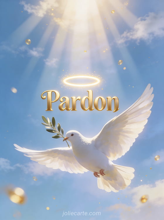 Colombe blanche en vol portant un rameau d'olivier dans un ciel bleu avec des rayons de soleil et le texte Pardon en lettres dorées