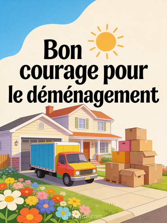 Jolie maison illustrée avec camion de déménagement coloré garé devant, cartons empilés, jardin fleuri et soleil qui brille