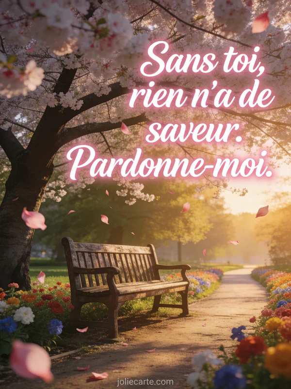 Banc de parc sous un cerisier en fleurs avec des pétales qui volent au vent et le texte Pardonne-moi, style romantique