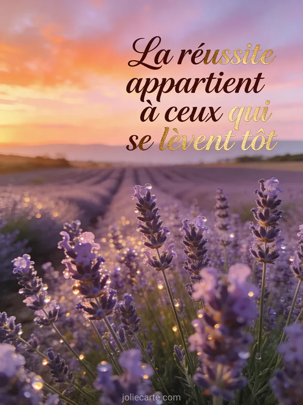 Paysage de campagne au lever du jour avec champ de lavande sous lumière rose et dorée et rosée scintillante avec le texte La réussite appartient à ceux qui se lèvent tôt