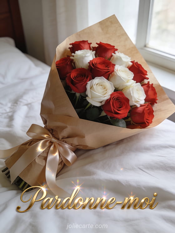 Grand bouquet de roses rouges et blanches dans du papier kraft avec un ruban satiné sur un lit en lin blanc, style photoréaliste