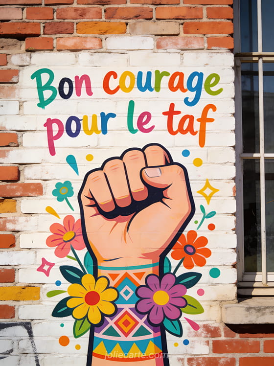 Mur de briques avec street art coloré représentant un poing levé entouré de fleurs et motifs géométriques avec le texte Bon courage pour le taf