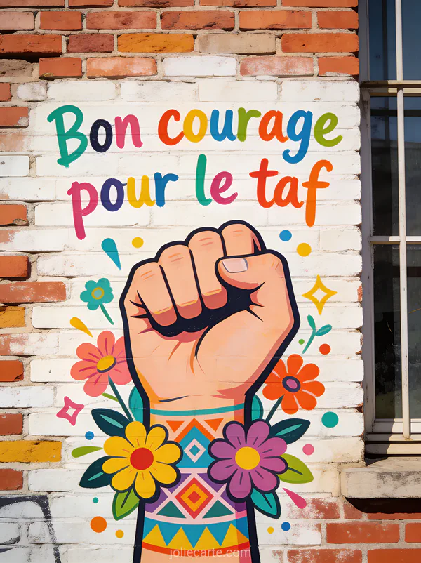 Mur de briques avec street art coloré représentant un poing levé entouré de fleurs et motifs géométriques avec le texte Bon courage pour le taf