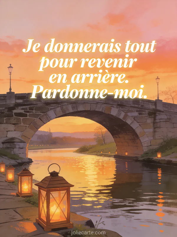 Pont de pierre ancien au-dessus d'une rivière au crépuscule avec des lanternes allumées et le texte Pardonne-moi, style poétique