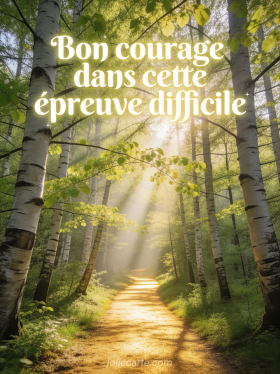Sentier de lumière dorée traversant une forêt de bouleaux au printemps avec nouvelles feuilles vert tendre et rayons de soleil filtrant avec le texte Bon courage