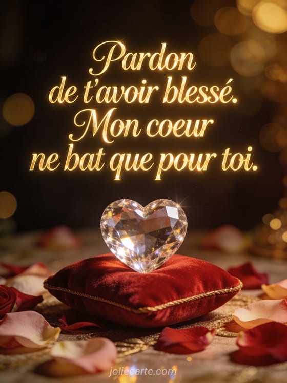 Coeur en cristal sur un coussin de velours rouge entouré de pétales de roses avec un texte de pardon en lettres dorées