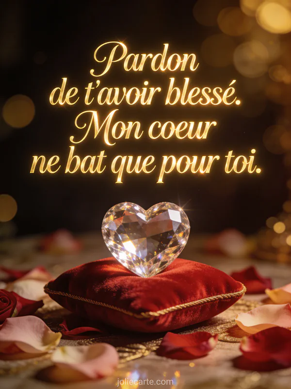 Coeur en cristal sur un coussin de velours rouge entouré de pétales de roses avec un texte de pardon en lettres dorées
