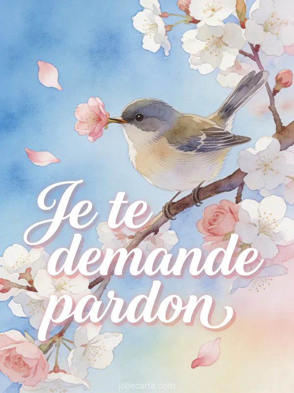 Petit oiseau sur une branche de cerisier en fleurs tendant une fleur dans son bec avec le texte Je te demande pardon, style aquarelle