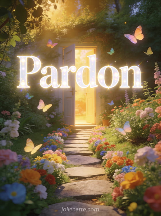 Chemin de pierres bordé de fleurs colorées menant vers une porte ouverte baignée de lumière avec des papillons et le texte Pardon