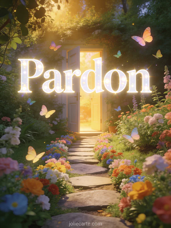 Chemin de pierres bordé de fleurs colorées menant vers une porte ouverte baignée de lumière avec des papillons et le texte Pardon
