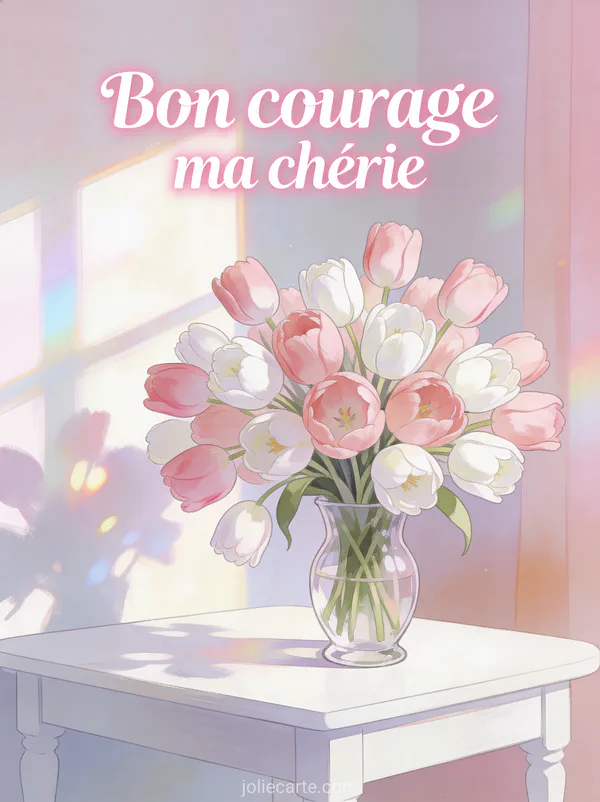 Bouquet de tulipes roses et blanches dans un vase en verre sur une table blanche avec lumière naturelle douce et fond pastel avec le texte Bon courage ma chérie