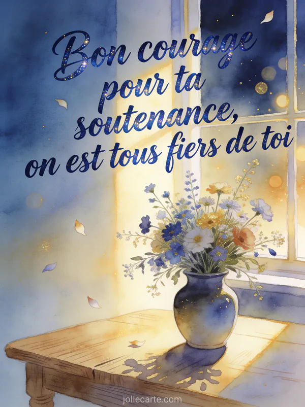 Bouquet de fleurs sauvages dans un vase en céramique sur une table en bois avec lumière dorée et pétales qui volent en illustration aquarelle