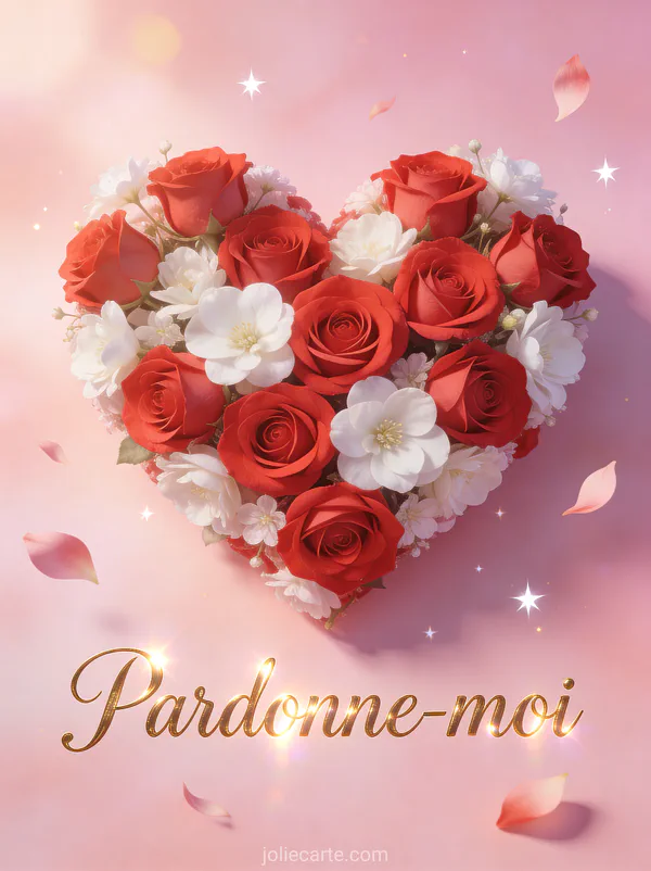 Coeur composé de roses rouges et de fleurs blanches sur fond pastel rose avec des pétales volants et le texte Pardonne-moi