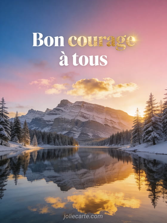 Paysage de montagne majestueux au lever du soleil avec lac miroir, sapins enneigés et ciel dégradé rose et bleu avec le texte Bon courage à tous