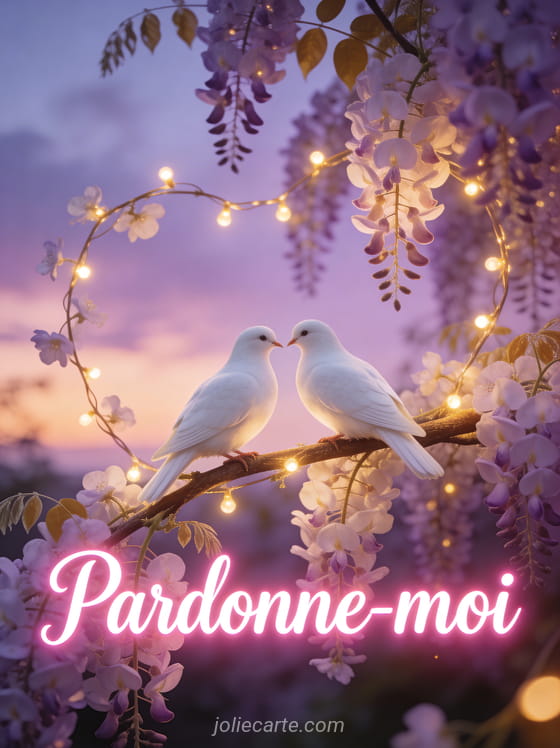 Deux colombes blanches face à face sur une branche de glycine avec des guirlandes lumineuses et un ciel crépusculaire mauve et doré