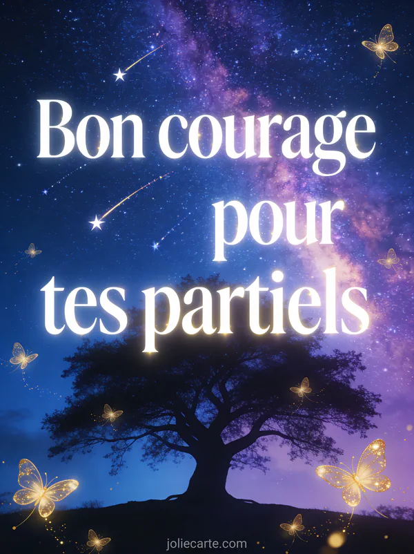 Ciel nocturne étoilé avec voie lactée colorée, silhouette d'arbre majestueux et lucioles dorées avec le texte Bon courage pour tes partiels