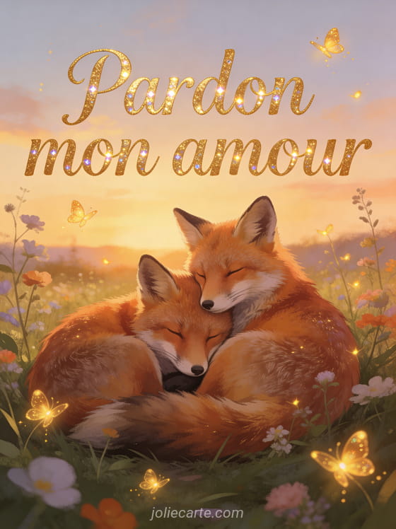 Couple de renards roux blottis l'un contre l'autre dans une clairière au coucher du soleil avec des lucioles et le texte Pardon mon amour