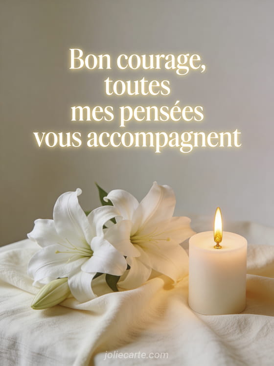Lys blancs posés sur un tissu de lin crème avec une unique bougie allumée et lumière douce tamisée avec le texte Bon courage toutes mes pensées vous accompagnent