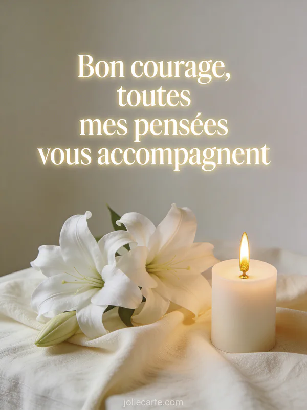 Lys blancs posés sur un tissu de lin crème avec une unique bougie allumée et lumière douce tamisée avec le texte Bon courage toutes mes pensées vous accompagnent