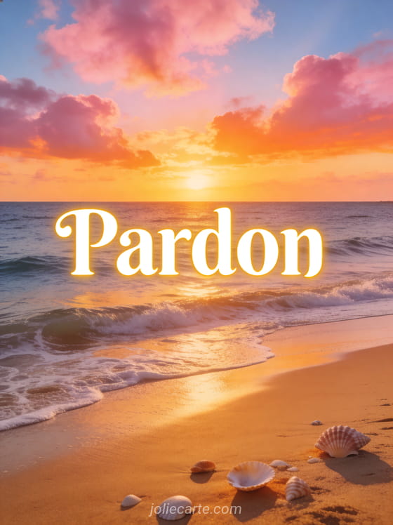 Coucher de soleil spectaculaire sur la mer avec des nuages roses et une plage de sable doré et le texte Pardon en lettres blanches