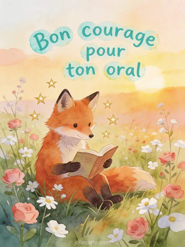 Adorable renard roux assis dans un pré fleuri en train de lire un livre avec petites fleurs sauvages et étoiles dorées flottantes