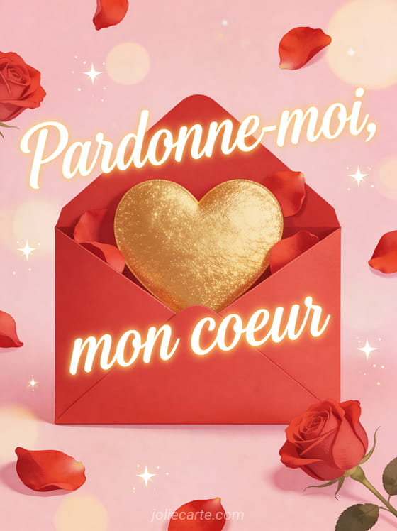 Enveloppe rouge entrouverte avec un coeur doré et des pétales de roses autour avec le texte Pardonne-moi mon coeur, style tendre