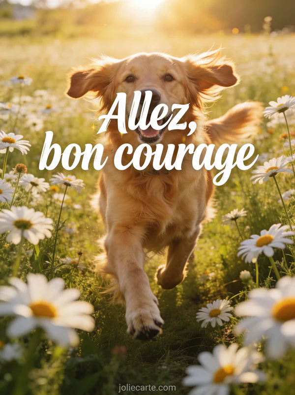 Chien golden retriever joyeux courant dans un champ de marguerites au soleil avec oreilles qui volent au vent et le texte Allez bon courage