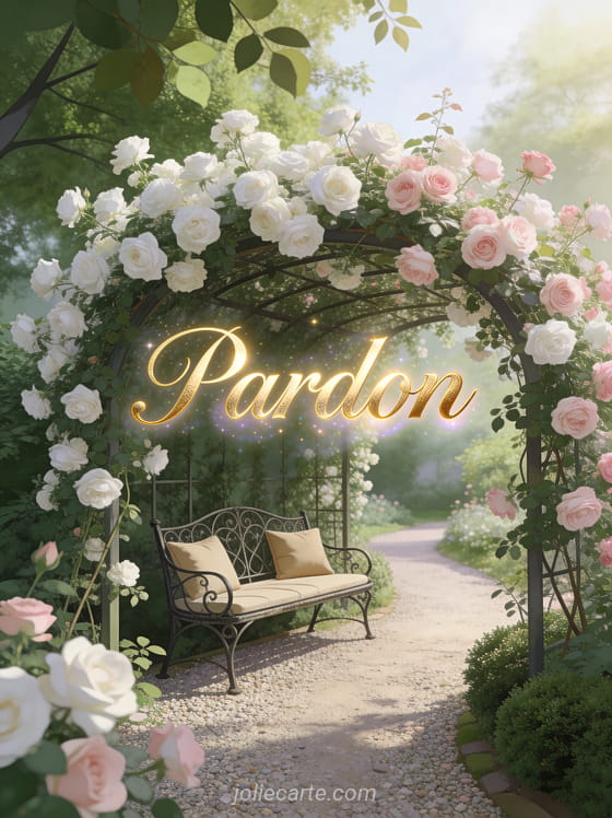 Jardin secret avec une tonnelle couverte de roses grimpantes blanches et roses, banc en fer forgé et le texte Pardon en lettres dorées