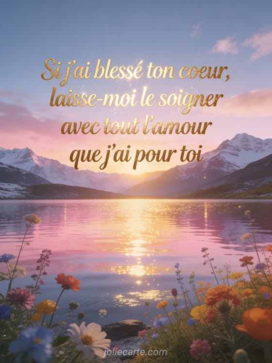 Lac de montagne au lever du soleil avec des reflets roses, des montagnes enneigées et un poème de pardon en lettres dorées