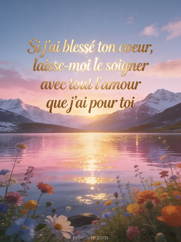 Lac de montagne au lever du soleil avec des reflets roses, des montagnes enneigées et un poème de pardon en lettres dorées