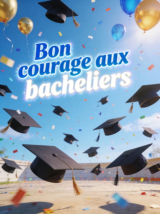 Chapeaux de diplômés lancés en l'air dans un ciel bleu avec confettis multicolores et ballons dorés et bleus avec le texte Bon courage aux bacheliers