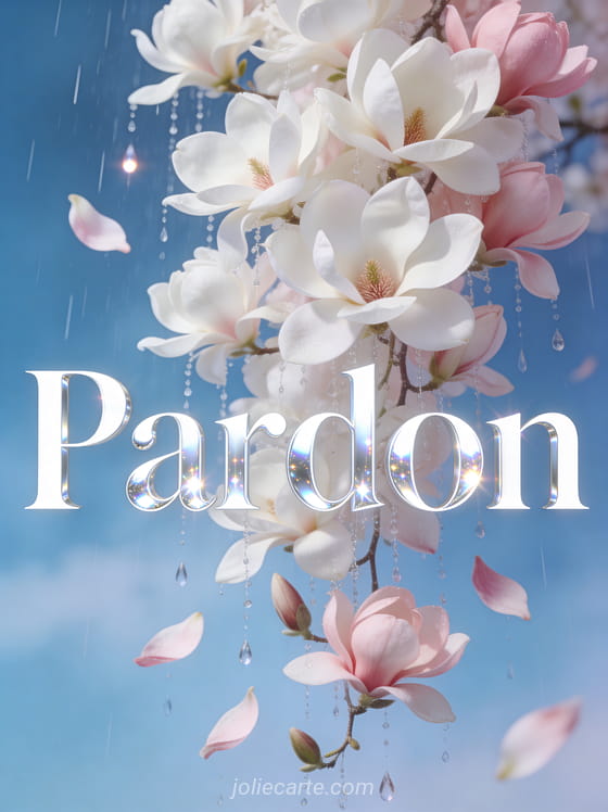 Cascade de fleurs de magnolia blanc et rose tombant en pluie sur un fond bleu ciel avec le texte Pardon en lettres argentées