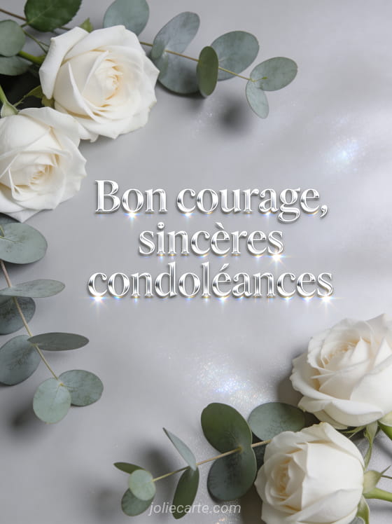 Roses blanches et feuilles d'eucalyptus disposées avec délicatesse sur un fond gris perle lumineux avec le texte Bon courage sincères condoléances