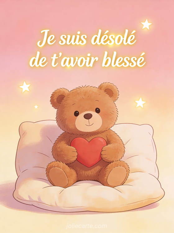 Ours en peluche brun tenant un coeur rouge entre ses pattes sur un coussin avec le texte Je suis désolé de t'avoir blessé
