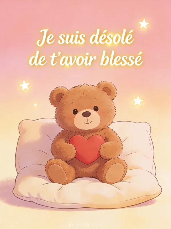 Ours en peluche brun tenant un coeur rouge entre ses pattes sur un coussin avec le texte Je suis désolé de t'avoir blessé