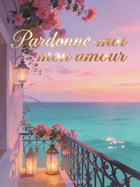 Balcon en fer forgé orné de bougainvilliers roses avec vue sur une mer turquoise au crépuscule et le texte Pardonne-moi mon amour