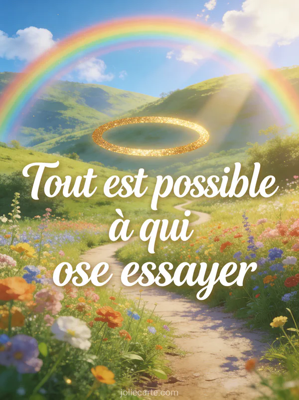Arc-en-ciel lumineux au-dessus d'un paysage verdoyant avec sentier à travers des champs de fleurs colorées et ciel bleu avec le texte Tout est possible