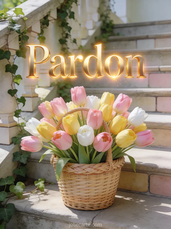 Bouquet de tulipes roses, jaunes et blanches dans un panier en osier sur un escalier en pierre avec du lierre et le texte Pardon