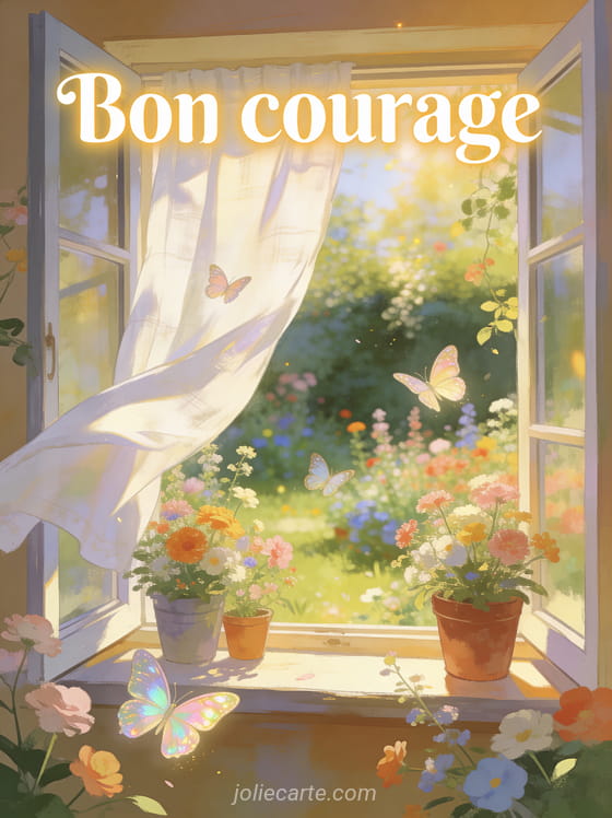 Fenêtre ouverte sur un jardin fleuri printanier avec papillons colorés, rideau en lin blanc et pots de fleurs sur le rebord avec le texte Bon courage